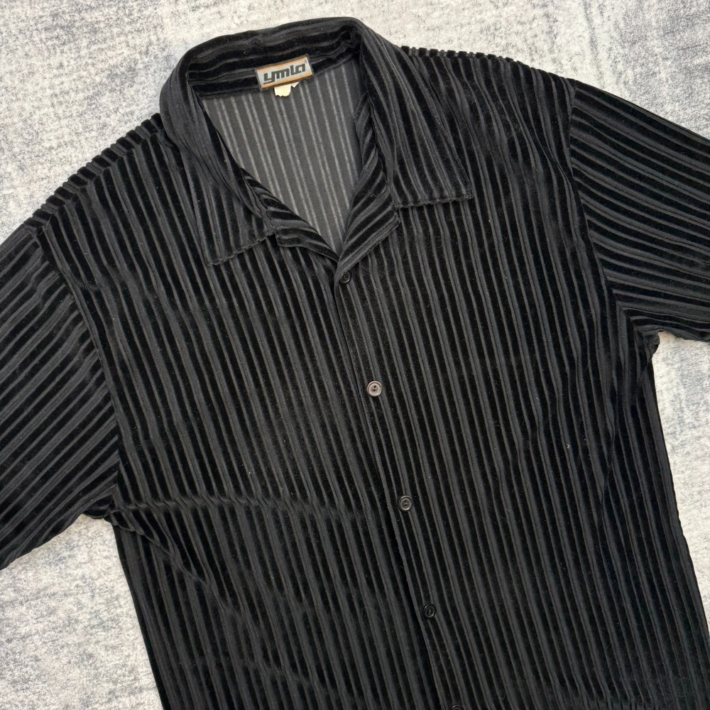 VTG YMLA Shirt Mens Large Black Velvet Burnout Button Up Disco Party Rave 90s